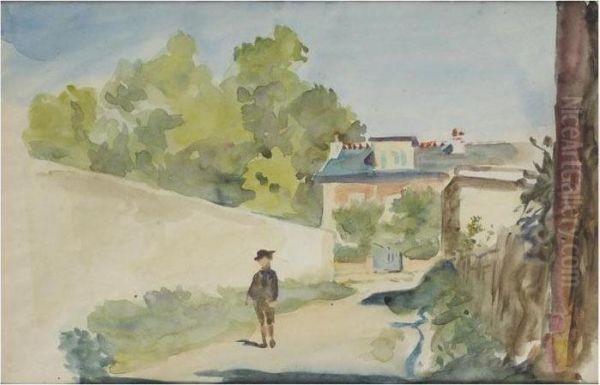 Paysage Et Homme Marchant Le Long D'un Mur Oil Painting by Alfred Dehodencq