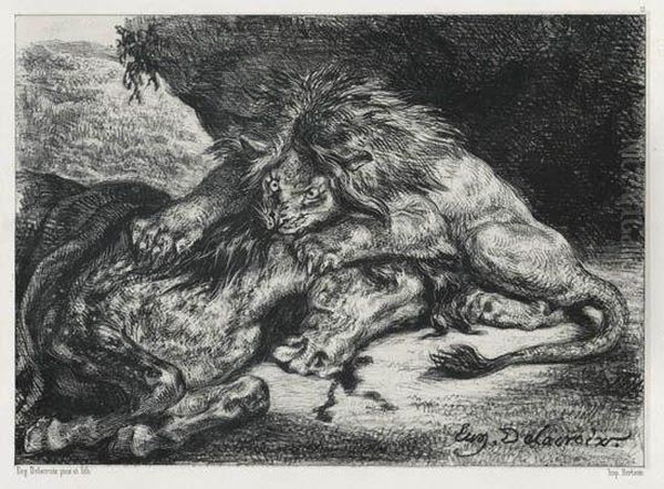 Lion Devorant Un Cheval Oil Painting by Eugene Delacroix