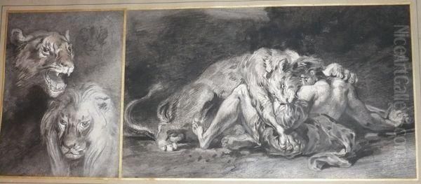 Homme Devore Par Un Lion Et Etude De Tetes De Lion. Oil Painting by Eugene Delacroix