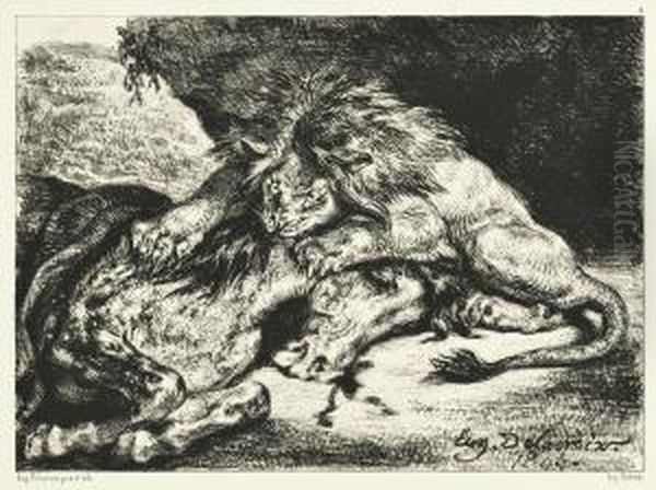 Lion Devorant Un Cheval (delteil 126) Oil Painting by Eugene Delacroix