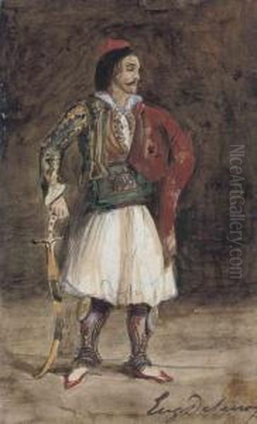 A Standing Man Wearing Greek Souliot Costume Oil Painting by Eugene Delacroix