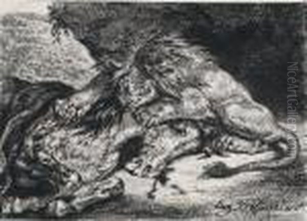 Lion Devorant Un Cheval Oil Painting by Eugene Delacroix