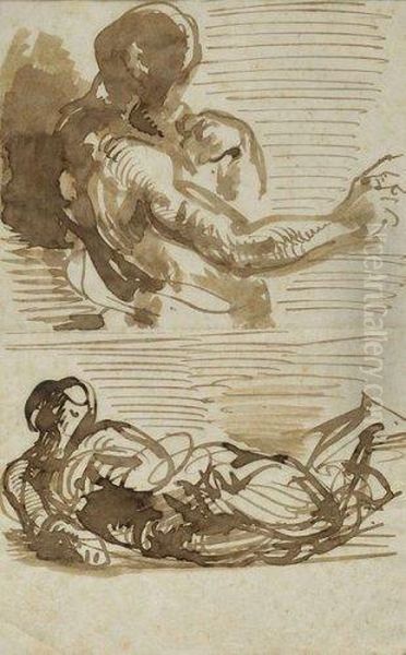 Etude D'homme Et De Figure Allongee Oil Painting by Eugene Delacroix