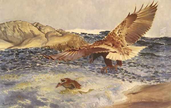 A Sea Eagle Chasing Eider Duck Oil Painting by Bruno Andreas Liljefors