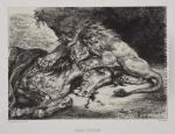 Lion Devorant Un Cheval, Ou Groupe D'animaux Oil Painting by Eugene Delacroix