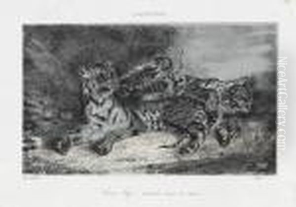 Jeune Tigre Jouant Avec Sa Mere Oil Painting by Eugene Delacroix