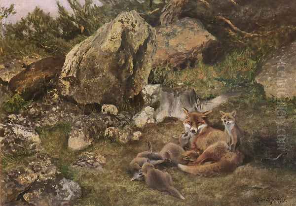 A Family of Foxes Oil Painting by Bruno Andreas Liljefors