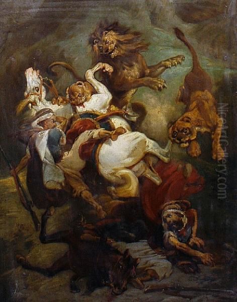 A Lion Hunt Oil Painting by Eugene Delacroix