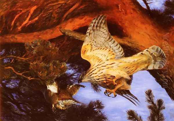 Hawk Attacking Prey Oil Painting by Bruno Andreas Liljefors