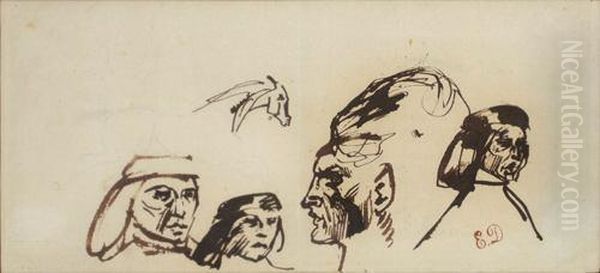 Study Of Heads (with Image Of Figure To Verso) Oil Painting by Eugene Delacroix