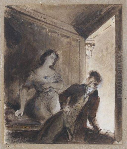 Fantome Feminin Effrayant Un Homme Dans Une Loge De Theatre Oil Painting by Eugene Delacroix