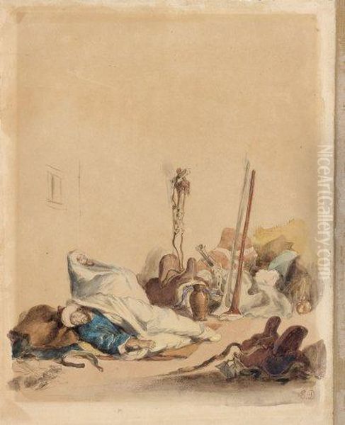 Deux Soldats Marocains Endormis Dans Un Corps De Garde A Meknes Oil Painting by Eugene Delacroix