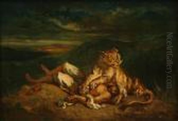 Lionne Se Reposant Sur Le Corps D'un Arabe Oil Painting by Eugene Delacroix