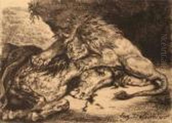 Lion Devorant Une Cheval Oil Painting by Eugene Delacroix