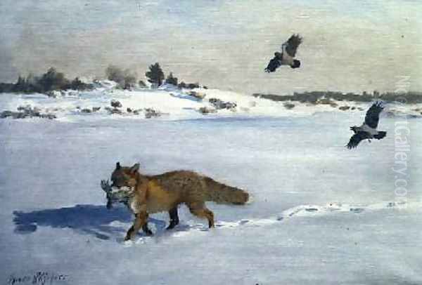 Fox in a Winter Landscape Oil Painting by Bruno Andreas Liljefors