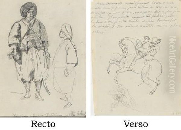 Etude De Deux Hommes Arabes 
(recto); Deux Combattant Sur Un Meme Cheval Se Cabrant (verso) Oil Painting by Eugene Delacroix