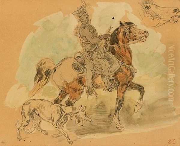 Trompette A Cheval Accompagne D'un Levrier, Avec Reprise De La Tete Du Cheval Oil Painting by Eugene Delacroix