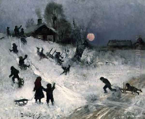 Sledging 1882 Oil Painting by Bruno Andreas Liljefors