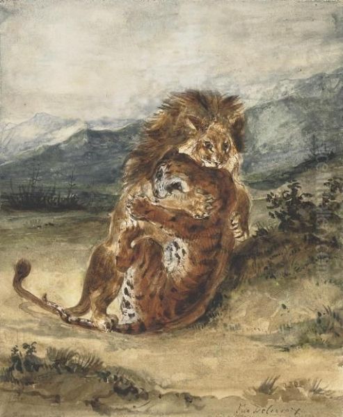 Combat D'un Lion Et D'un Tigre Oil Painting by Eugene Delacroix