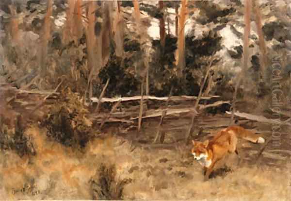 A Red Fox in a Landscape Oil Painting by Bruno Andreas Liljefors