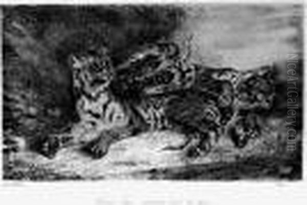 Jeune Tigre Jouant Avec Sa Mere Oil Painting by Eugene Delacroix