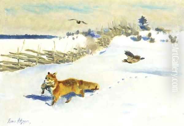 Fox, Pheasant, Crow Oil Painting by Bruno Andreas Liljefors