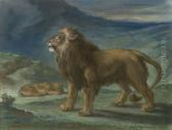 Lion Et Lionne Dans Les Montagnes Oil Painting by Eugene Delacroix