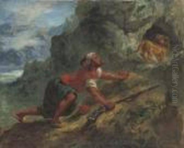 Arab Stalking A Lion Oil Painting by Eugene Delacroix