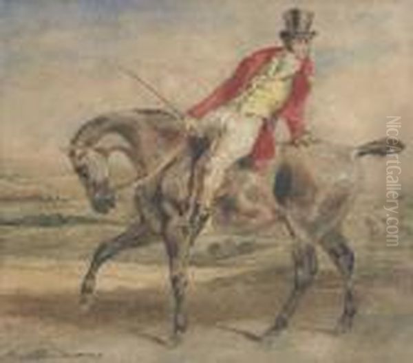 Un Homme En Veste Rouge A Cheval, Tourne Vers L'arriere, Dans Un Paysage Oil Painting by Eugene Delacroix