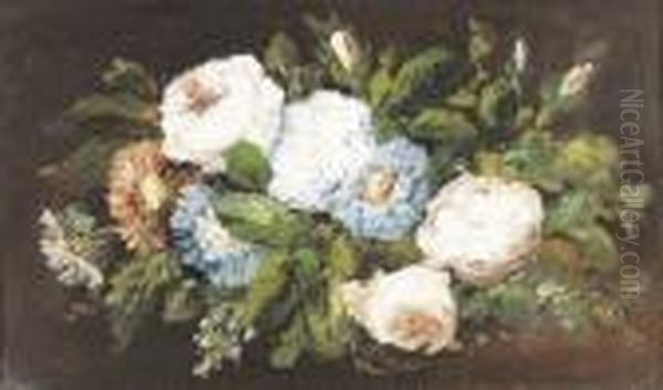 Stillleben Mit Astern Und Rosen. Oil Painting by Eugene Delacroix