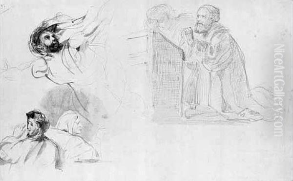 Feuille D'etudes Avec Croquis De Dante Et Virgile, Marguerite A
 L'eglise Et Une Autre Etude De Personnage Oil Painting by Eugene Delacroix