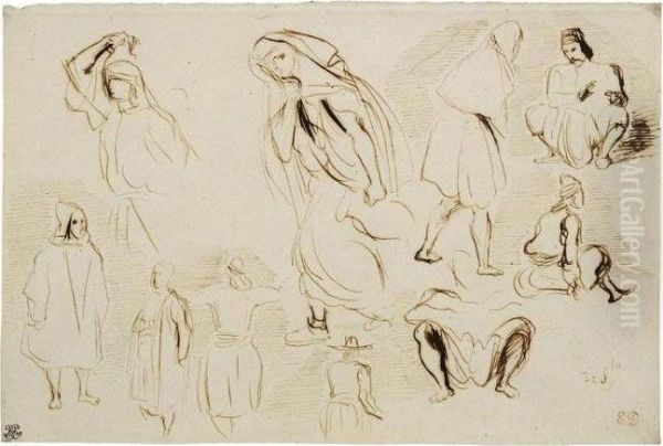 A Sheet Of Studies Of Arabs, Seated And Standing Oil Painting by Eugene Delacroix