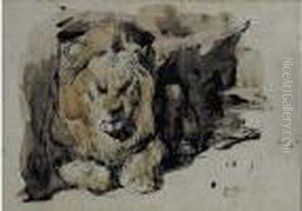 Lion Couche Vu Presque De Face Oil Painting by Eugene Delacroix