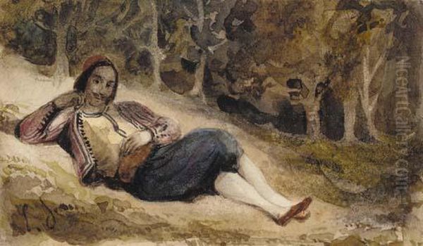 A Reclining Greek Man Oil Painting by Eugene Delacroix