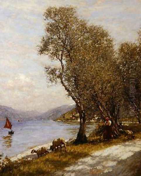 A Veronese Shepherdess Lake Garda Oil Painting by Henry Herbert La Thangue