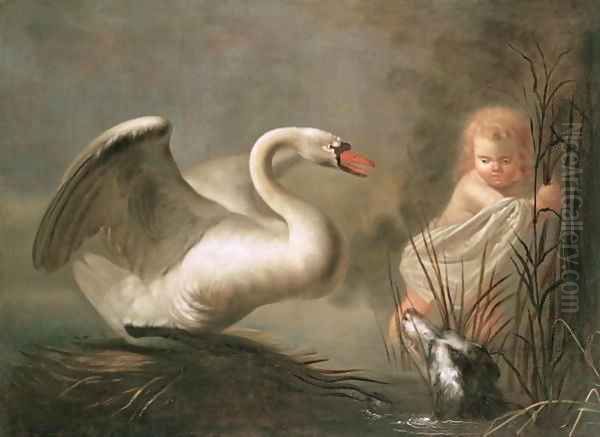 A Swan guarding its Nest from a Child and a Spaniel Oil Painting by Henry Herbert La Thangue