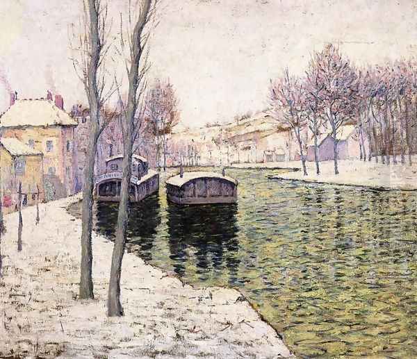 Barges on the Seine Oil Painting by Ernest Lawson