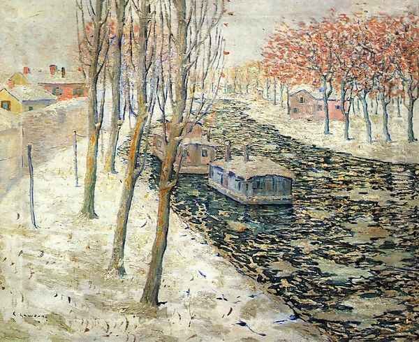 Canal Scene in Winter Oil Painting by Ernest Lawson