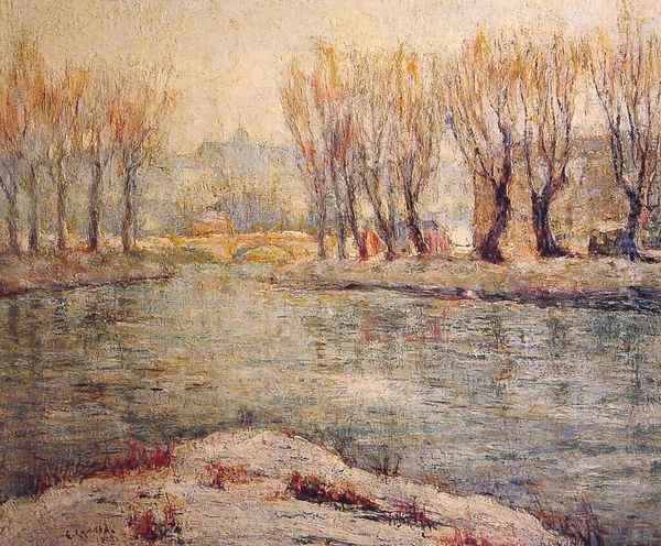 End of Winter - The Boathouse on the Harlem River, New York Oil Painting by Ernest Lawson