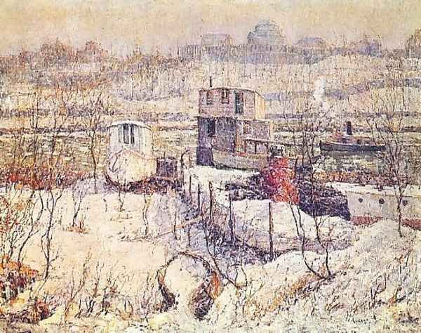 Boathouse, Winter, Harlem River Oil Painting by Ernest Lawson