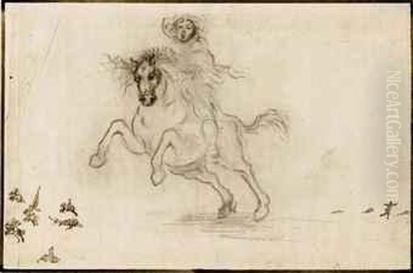 A Horseman And Sketches Of A Battlefield Oil Painting by Stefano della Bella