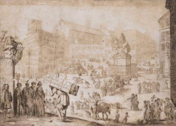 [circle Of Stefano Della Bella ;
 Figures Walking In A City Square ; Pen And Brown Ink And Wash ; 
Extensively Inscribed In Brown Ink] Oil Painting by Stefano della Bella