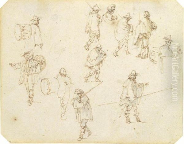 Studies Of Drummers, Peasants And Soldiers With Swords Andlances Oil Painting by Stefano della Bella