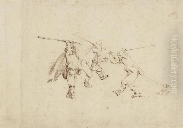 Three Men Fighting With Sticks, With A Dog Tugging The Right-handfigure Oil Painting by Stefano della Bella