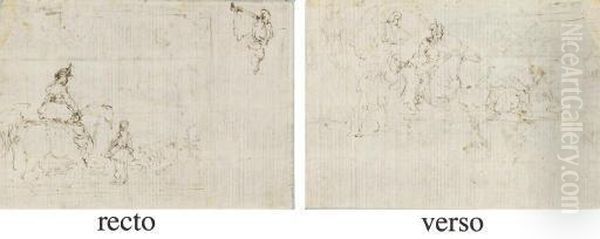 A Cavalier Attended By A Page, And A Study Of A Trumpeting Angel ( Oil Painting by Stefano della Bella