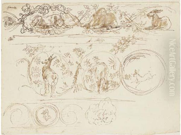 Friezes Of Garlands Enclosing A 
Lioness, A Bear And A Goat; A Stag,a Doe And A Hare (recto); A Man On A 
Horse And A View Of Thecampidoglio, Rome, With A Study Of The River God 
Nile (verso) Oil Painting by Stefano della Bella