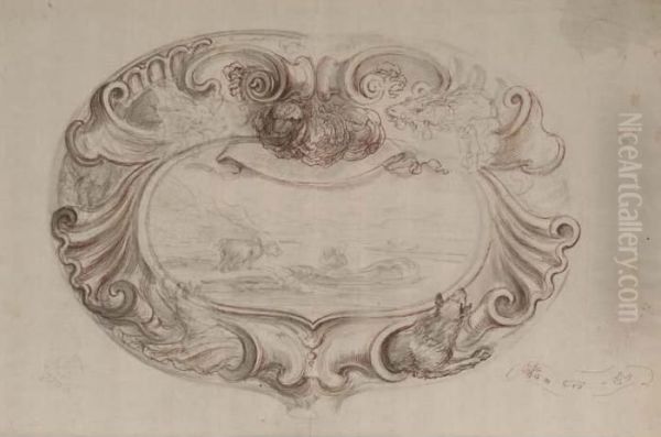 A Cartouche With Two Goats And 
Two Wolves Enclosing A Riverlandscape With A Boatman Approaching A Goat by Stefano della Bella