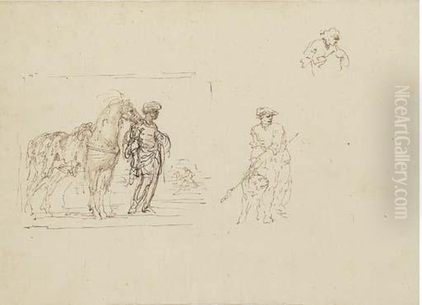 A Moor Holding A Horse Saddled 
With A Leopard Skin And Studies Of Afigure Holding A Dog And Another 
Figure Oil Painting by Stefano della Bella