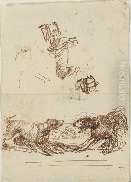 Two Barking Hounds With Studies 
Of A Leg And A Foot In A Stirrup(recto); A Caricature, A Head And A Dog 
(verso) Oil Painting by Stefano della Bella