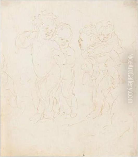 Recto: Putti At Play Verso: Caricature Of A Man Oil Painting by Stefano della Bella